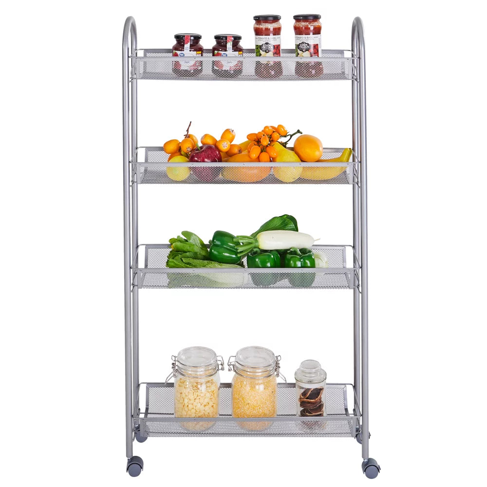 4 Tier Slim Storage Cart Mobile Shelving Unit Organizer Rolling Utility Cart Tower Rack Plastic Stainless Steel Silver N262635