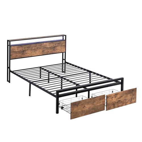Full Size Metal Platform Bed with Storage Headboard and 2 Drawers V59271