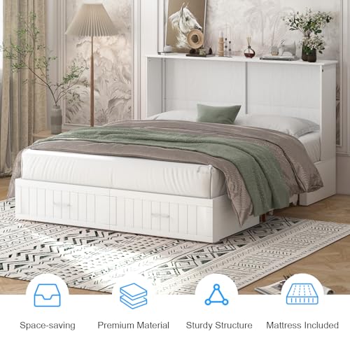 Queen Murphy Bed with Tri-fold Mattress and 2 Storage Drawer C59351