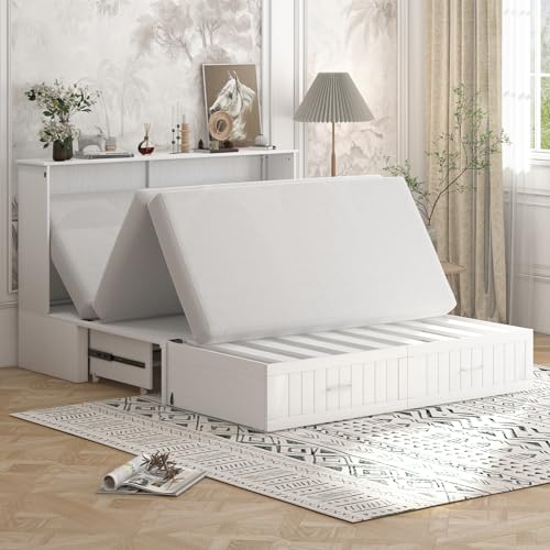 Queen Murphy Bed with Tri-fold Mattress and 2 Storage Drawer C59351