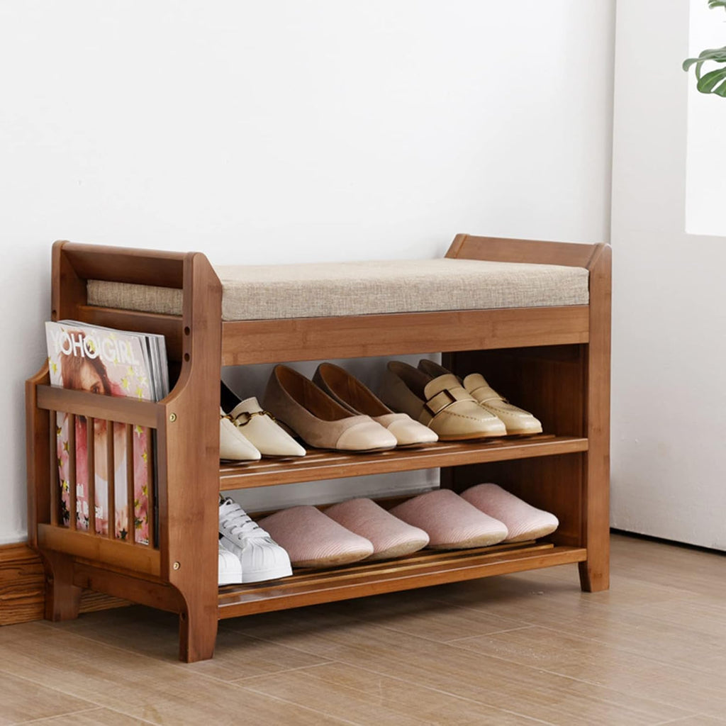 2 Tier Bamboo Shoe Bench with Seat Cushion L766