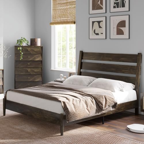 Dark Brown Solid Wood King Bed Frame with Slatted Headboard Z1678