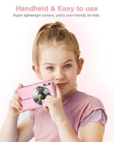FHD 1080P Point and Shoot Kids Camera with 32GB Card, 2 Batteries, 16X Zoom Anti Shake Date Stamp, Pink G120