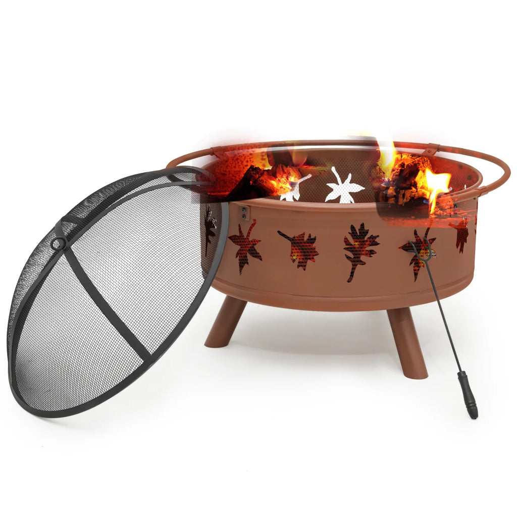 Brown Round Outdoor Fire Pit with Log Grate, Poker & Spark Screen W9427