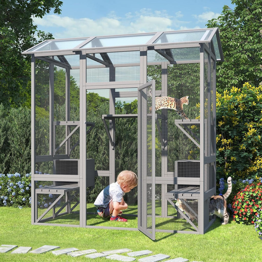 Large Wooden Cat Enclosure with Sunshine Panel Roof and Waterproof Cover, 7 Platforms, 2 Resting Box, 72 inch H6611