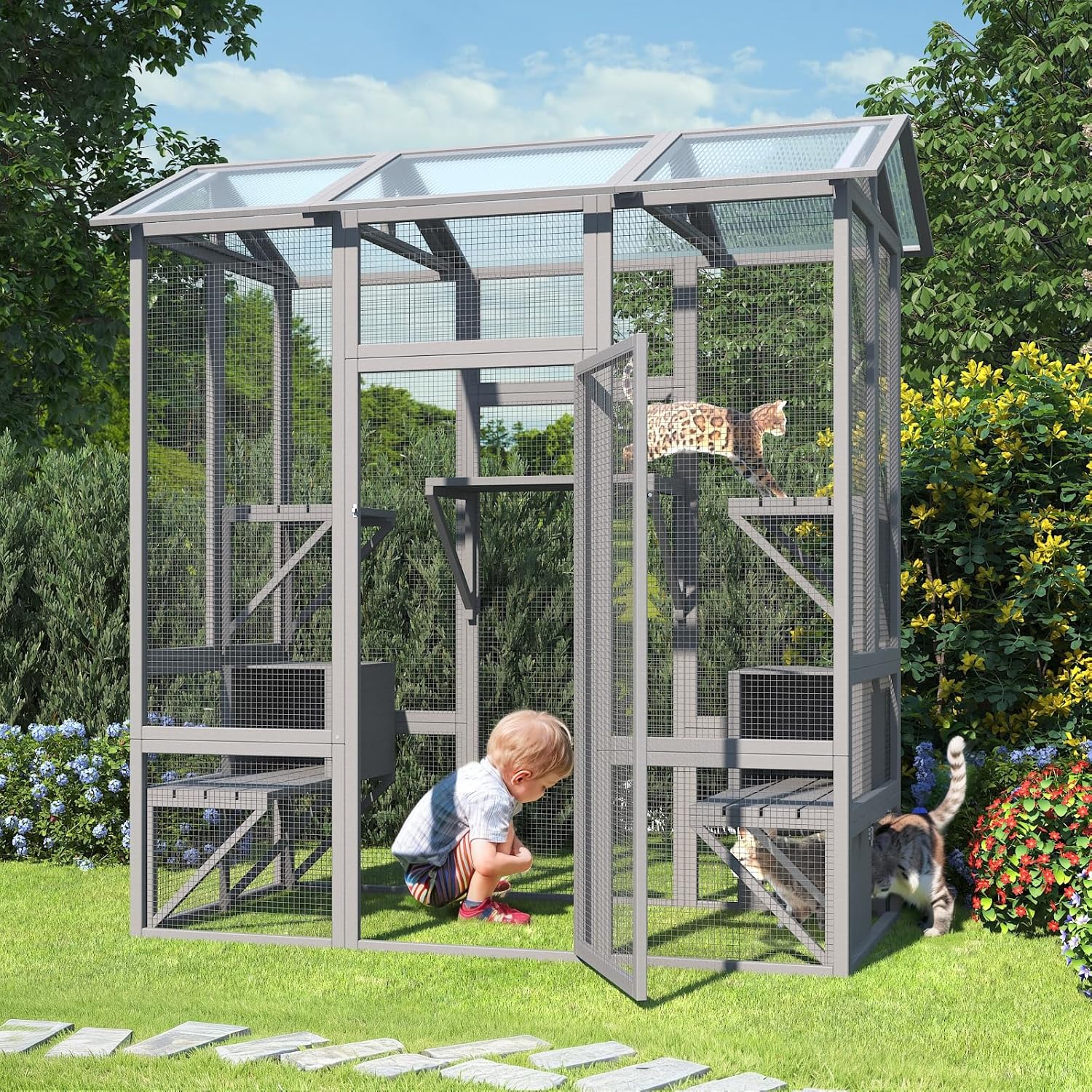 Large Wooden Cat Enclosure with Sunshine Panel Roof and Waterproof Cover, 7 Platforms, 2 Resting Box, 72 inch H6611