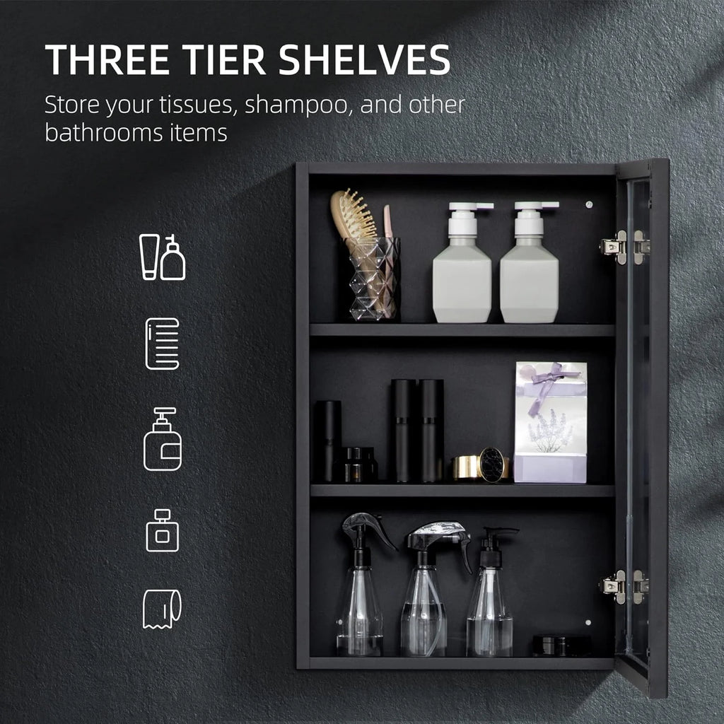 Black Wall-Mounted Stainless Steel Medicine Cabinet with Mirror O934336