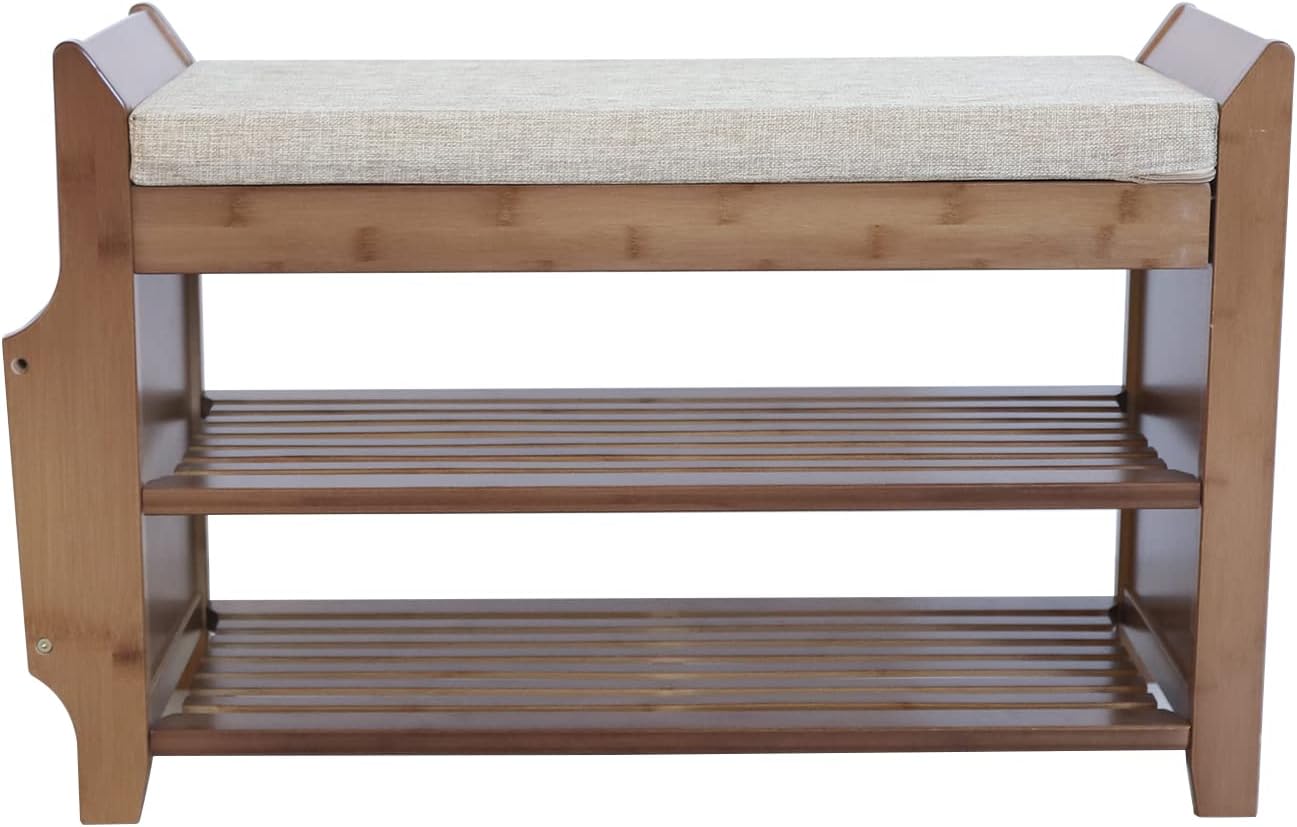 2 Tier Bamboo Shoe Bench with Seat Cushion L766