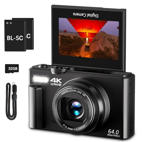 64MP Digital Camera with 3" 180° Flip Screen, 18X Digital Zoom, 32GB Micro SD Card (Black) G925546