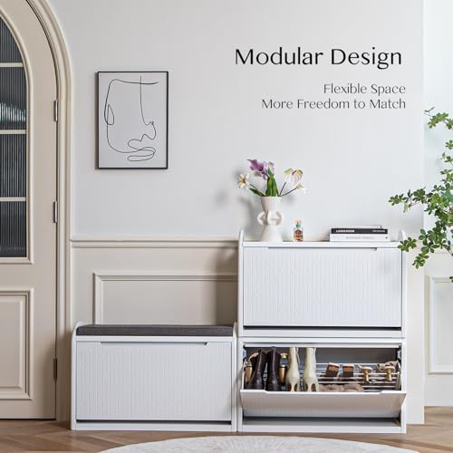White Wooden Rattan Shoe Bench with Storage W590929