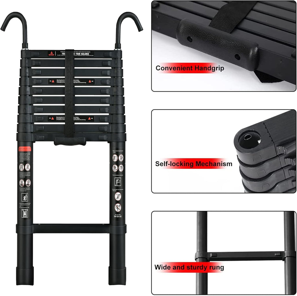 Compact 20FT Aluminum Telescoping Extension Ladder with 2 Detachable Roof Hooks Y23902