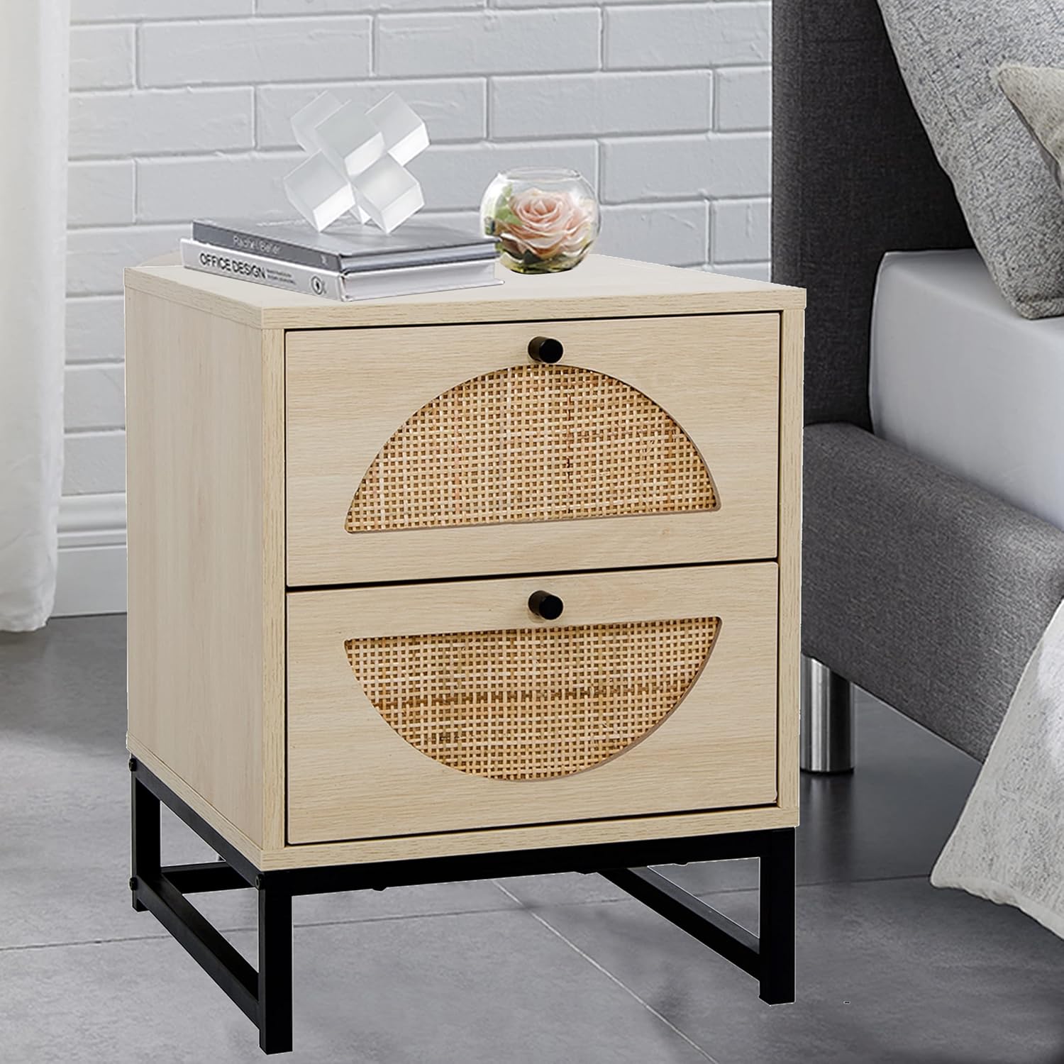 2 Drawer Rattan Wood Nightstand R491