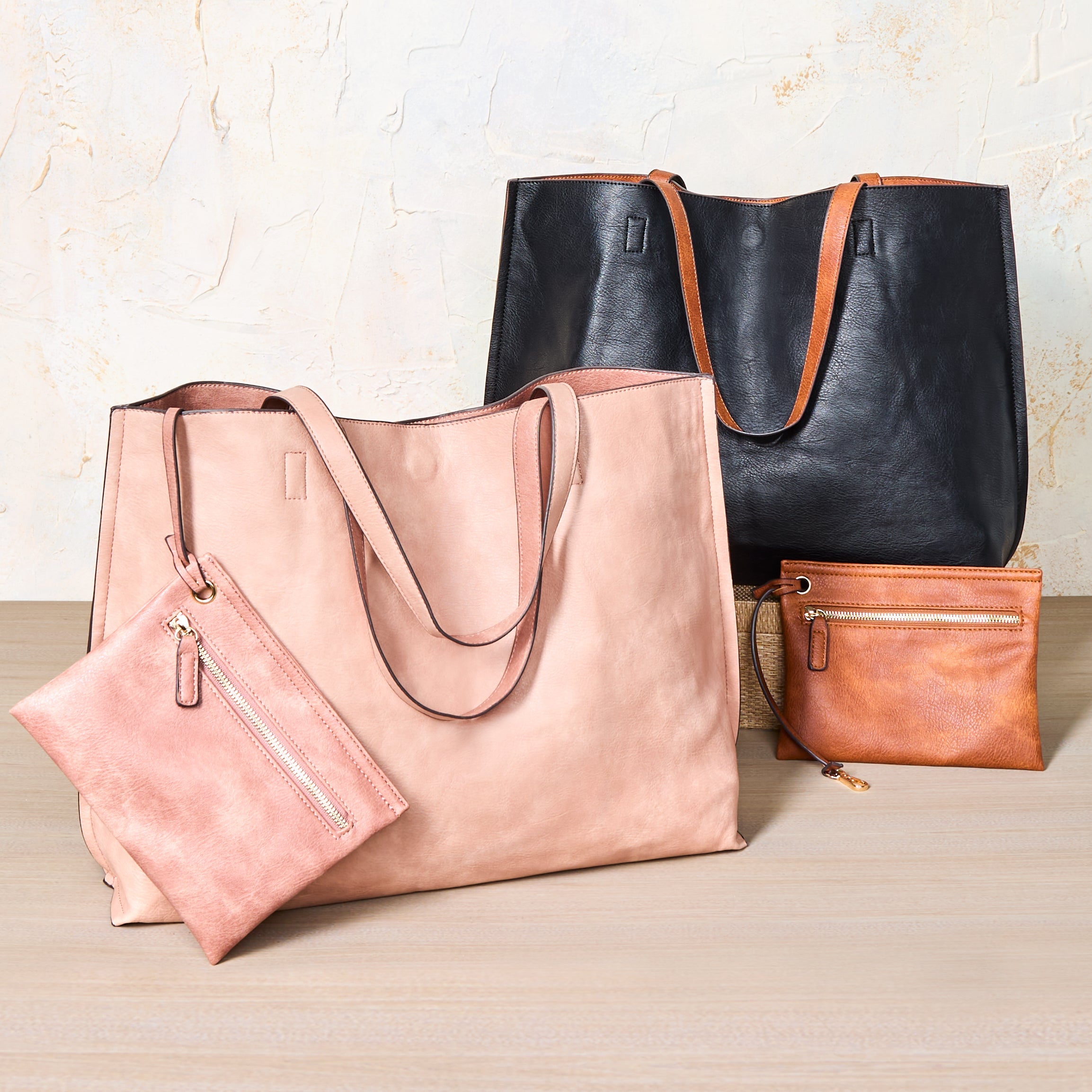 Women's Faux Leather Reversible Tote Bag with Matching Purse