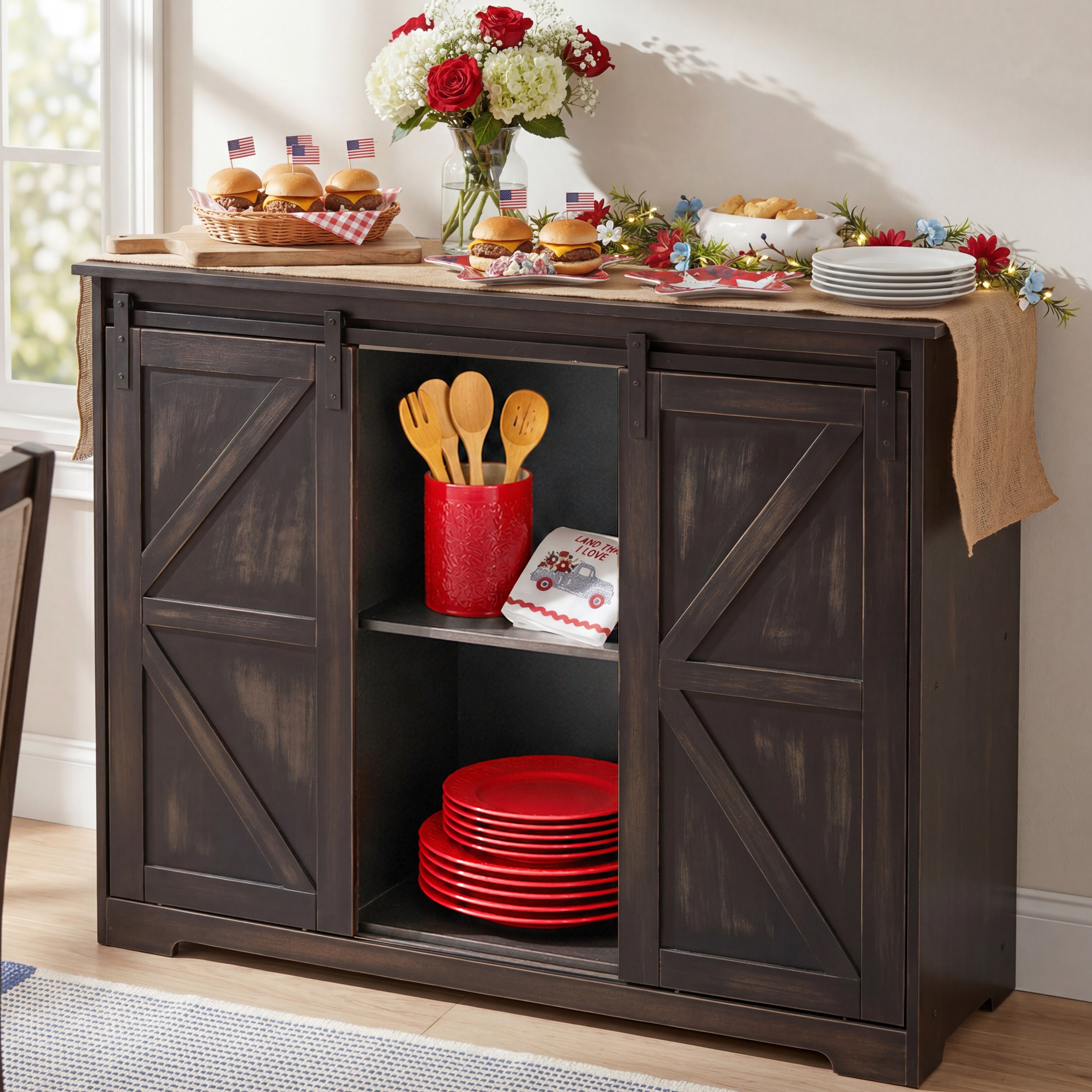 Kitchen Buffet Wooden Cabinet with Sliding Barn-Doors