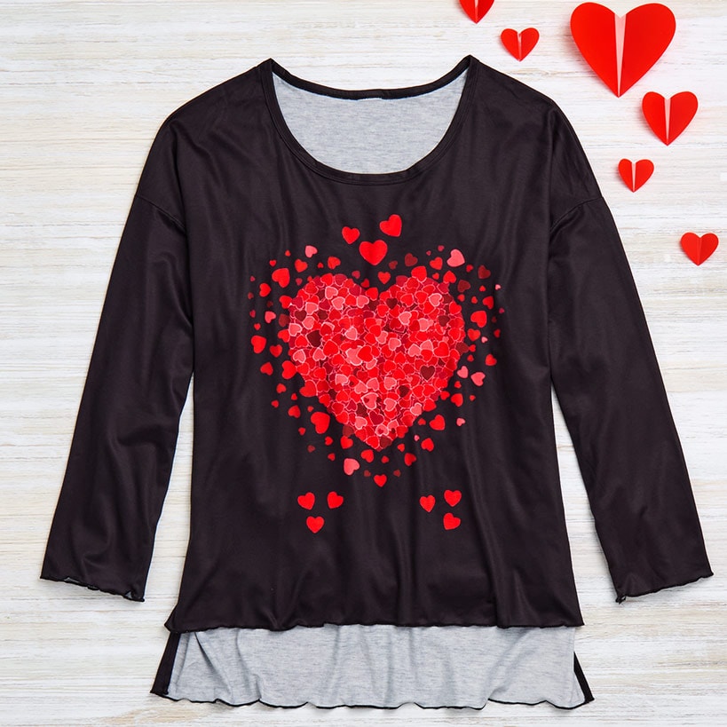 Valentine's Day Heart Long Sleeve T Shirt Black
