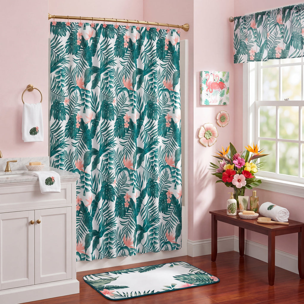 Palm Floral Shower Curtain, Bath Rug, Hand Towels, Valance, Hooks Q35424