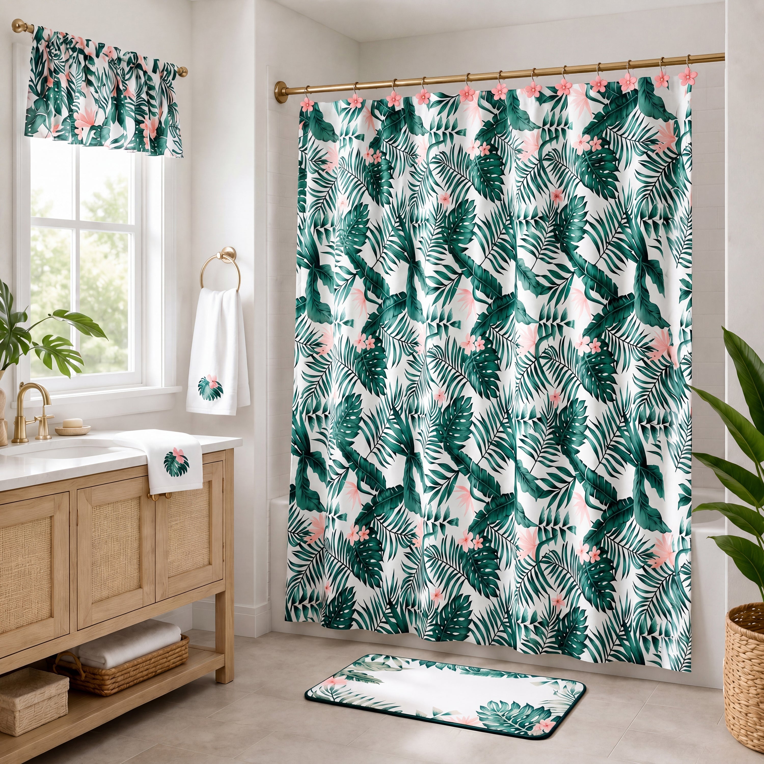 Palm Floral Shower Curtain, Bath Rug, Hand Towels, Valance, Hooks Q35424