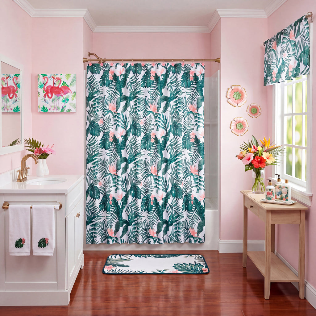 Palm Floral Shower Curtain, Bath Rug, Hand Towels, Valance, Hooks Q35424