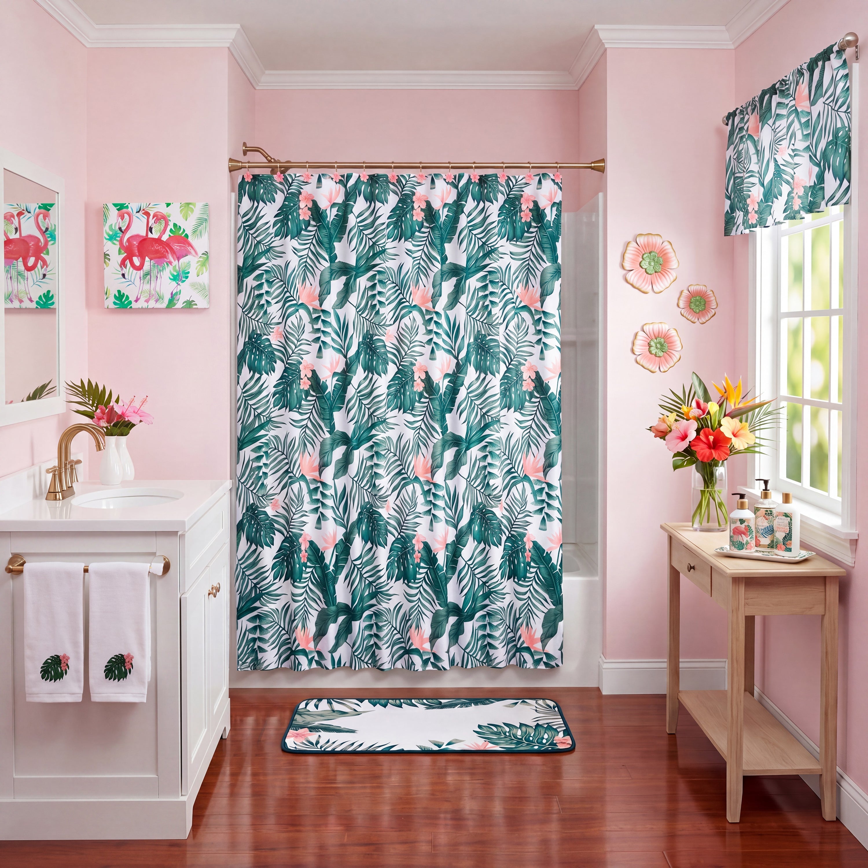Palm Floral Shower Curtain, Bath Rug, Hand Towels, Valance, Hooks Q35424