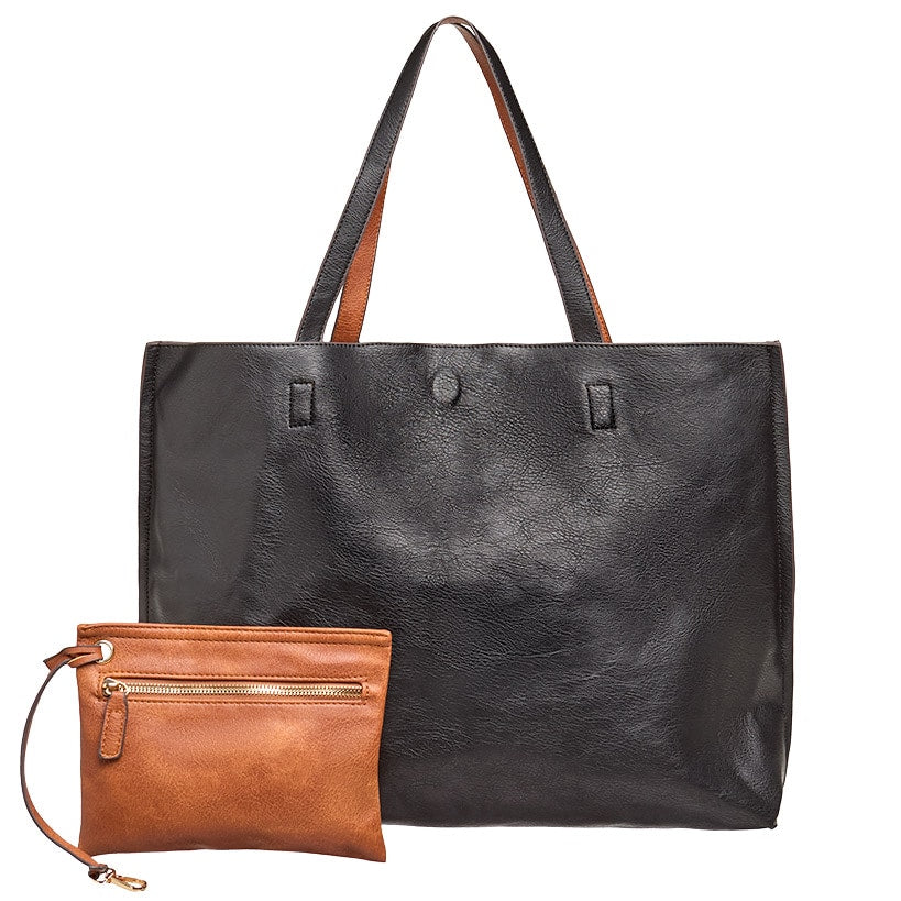 Women's Faux Leather Reversible Tote Bag with Matching Purse