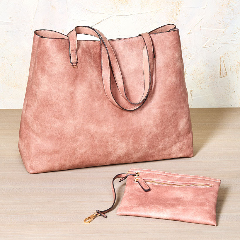 Women's Faux Leather Reversible Tote Bag with Matching Purse