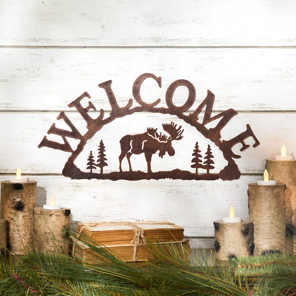 Rustic Woodland Moose Metal Welcome Sign L359