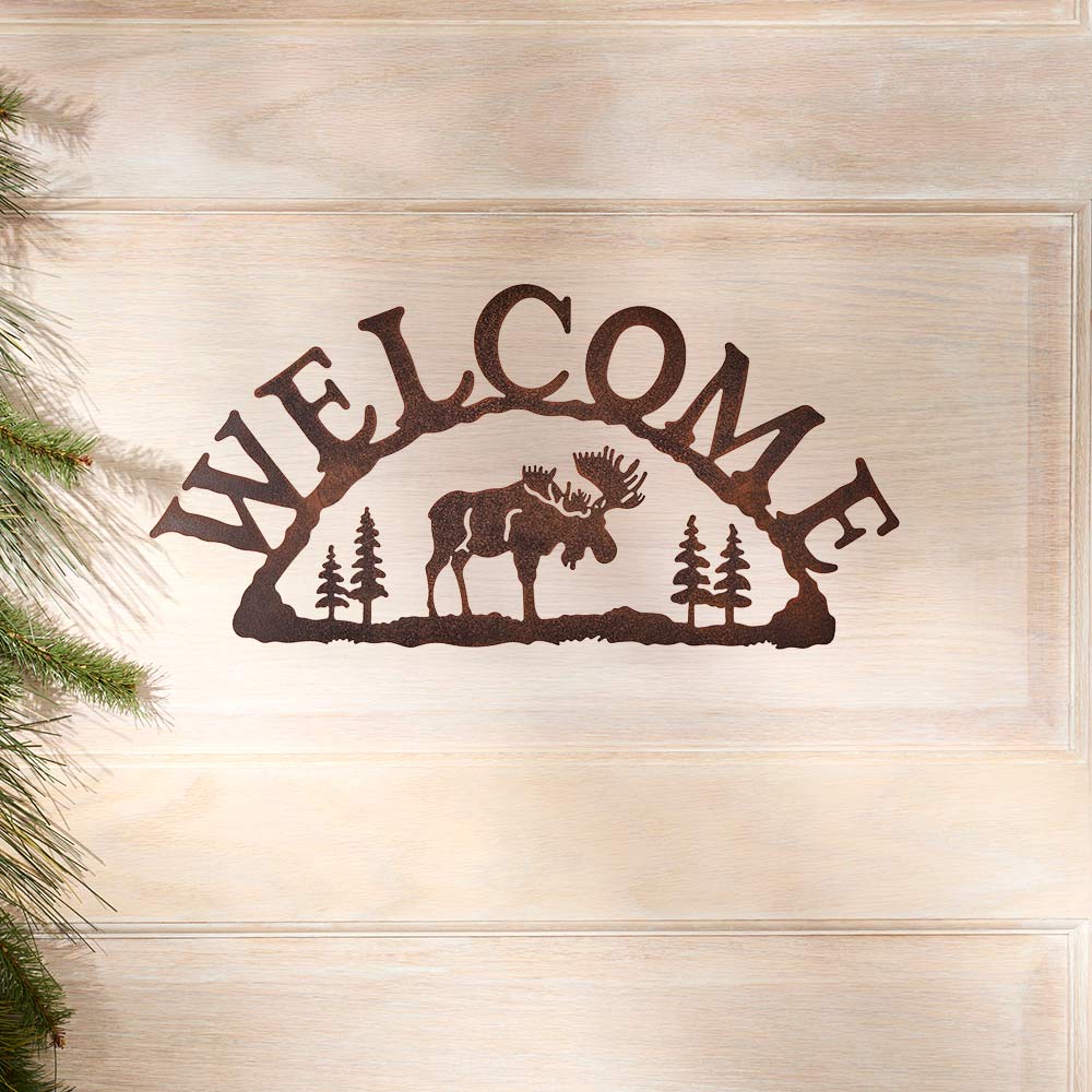 Rustic Woodland Moose Metal Welcome Sign L359