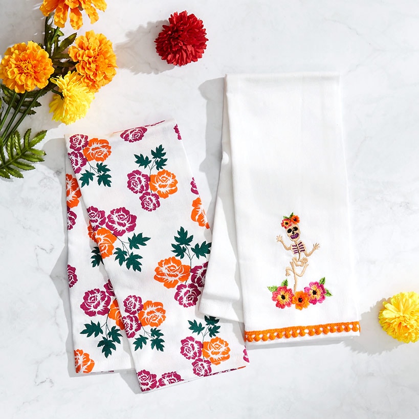 Butterfly and Skeletons Embroidered Kitchen Towels, Set of 2