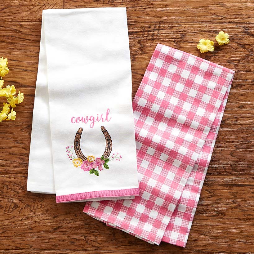 Cowgirl Themed Embroidered Kitchen Towels, Set of 2