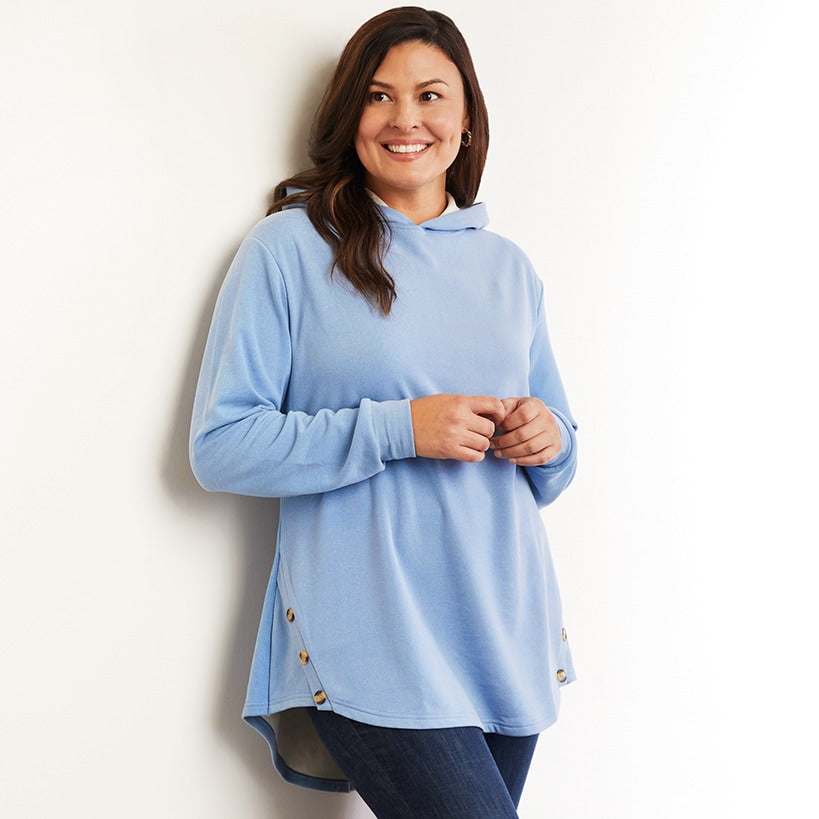 Women's Long-Sleeve Hooded Pullover with Decorative Buttons