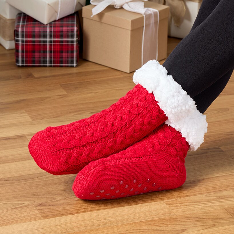 Women's Fleece-Lined Knitted Slipper Socks with Grippers