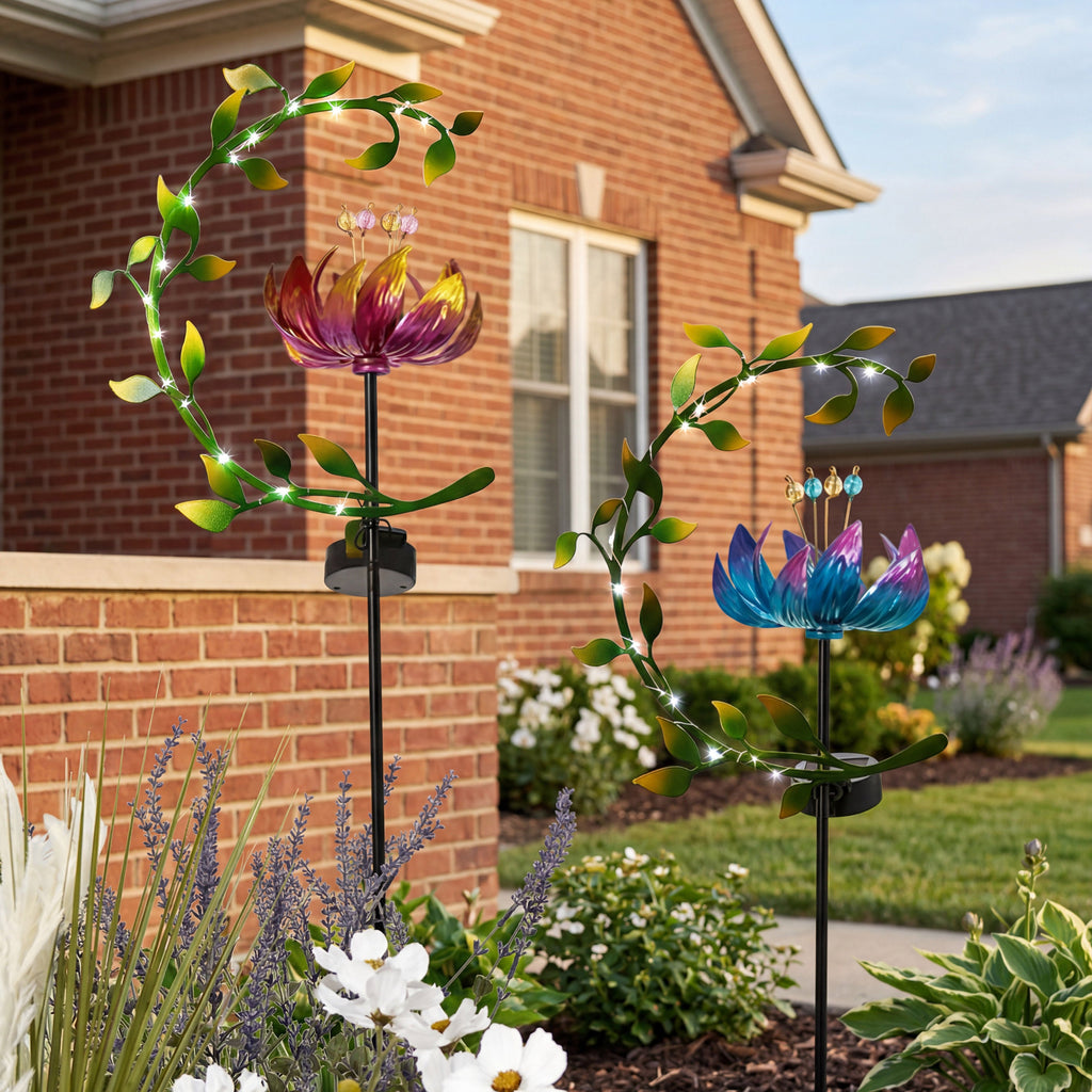 Solar Flower and Leaves Wind Spinner Garden Stake Red or Blue