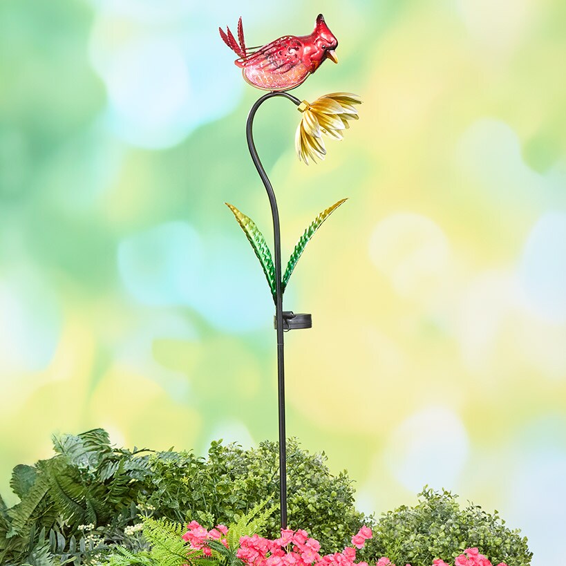 Solar Flower With Perched Bird Garden Stake - Blue or Red