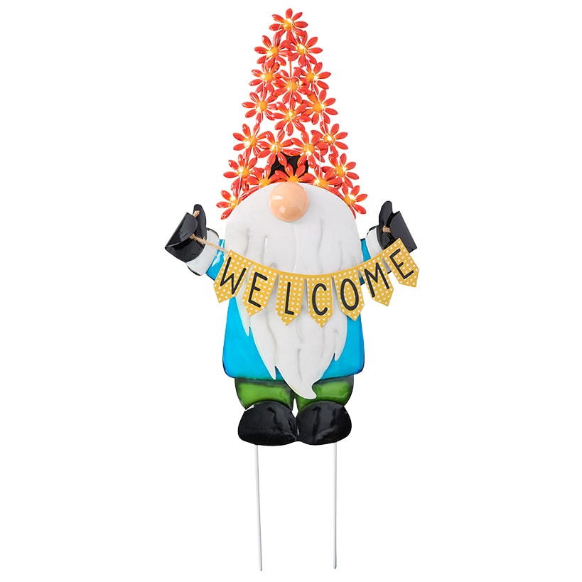 Welcome Gnome Garden Stake With Solar Flower Hat