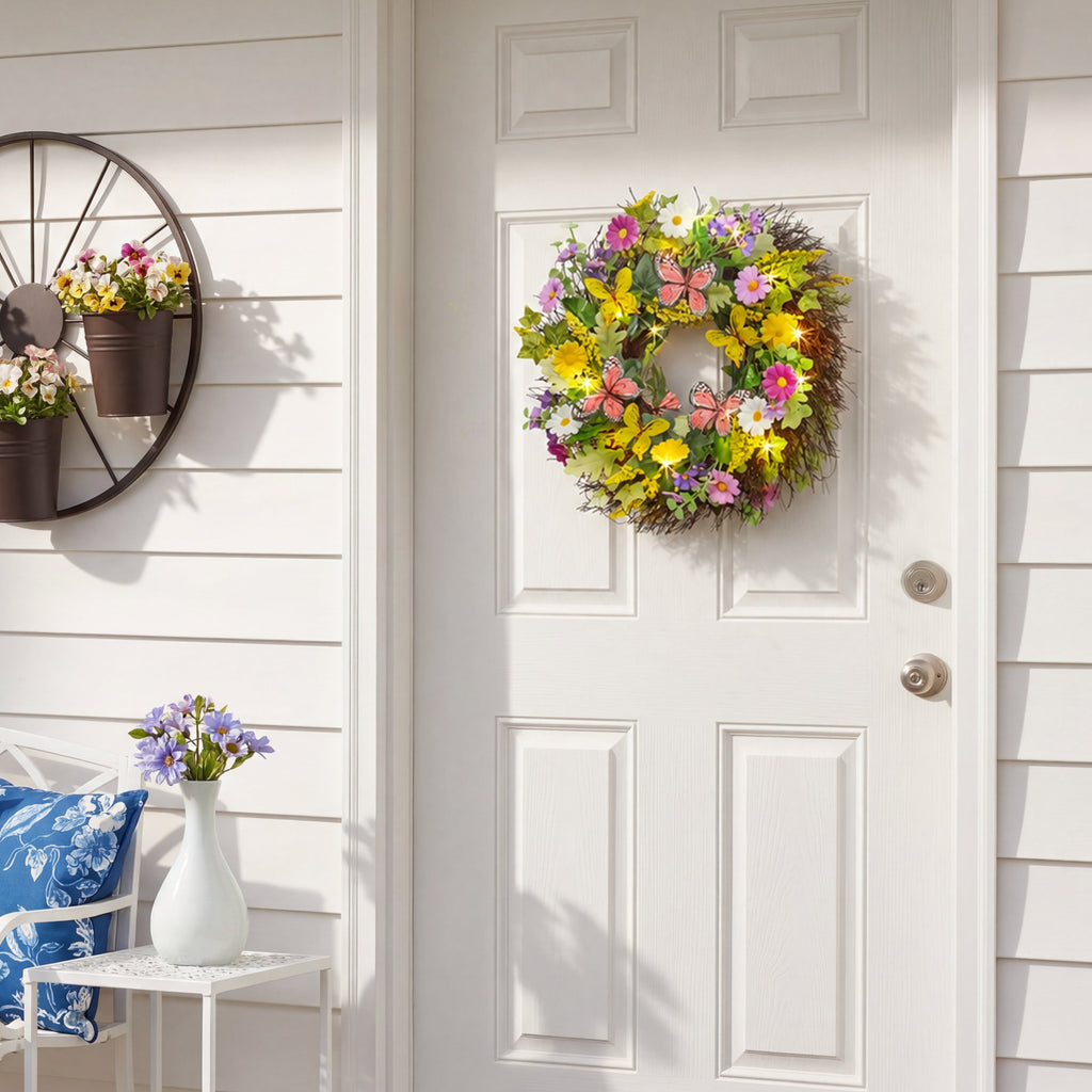 Summer Butterfly and Flower Lighted Wreath or Garland-Seasonal Decor