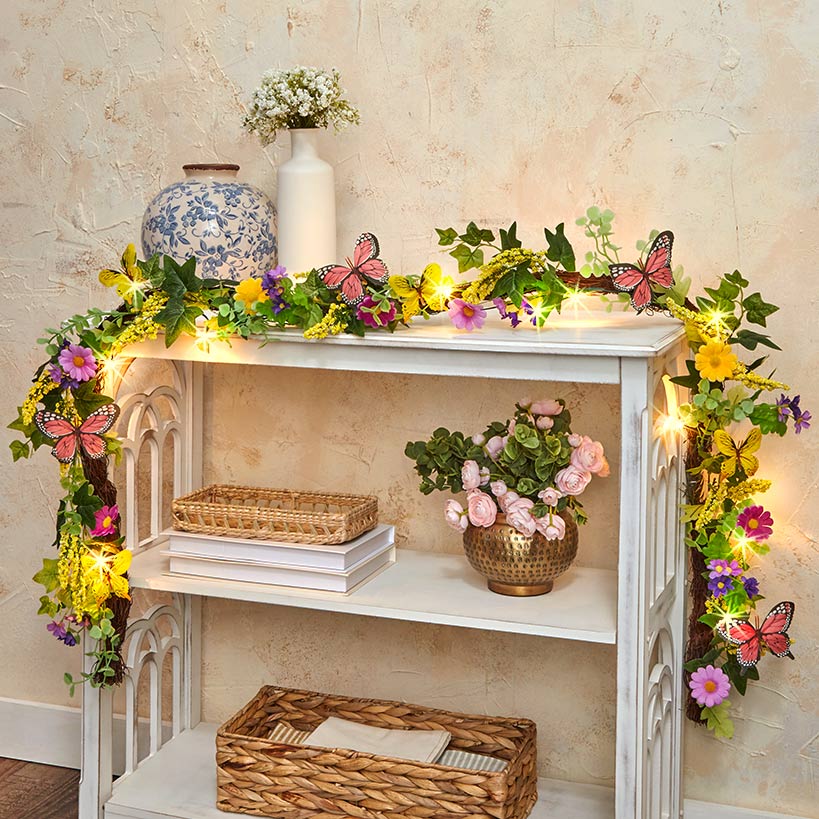 Summer Butterfly and Flower Lighted Wreath or Garland-Seasonal Decor