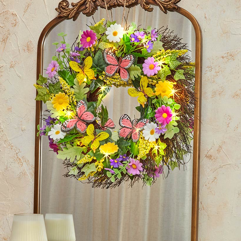 Summer Butterfly and Flower Lighted Wreath or Garland-Seasonal Decor