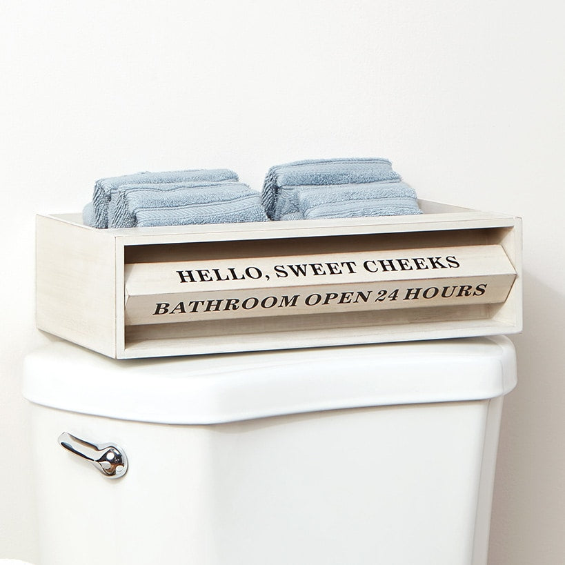 Wooden Bathroom Toilet Topper Storage Tray with Funny Rotating Phrases