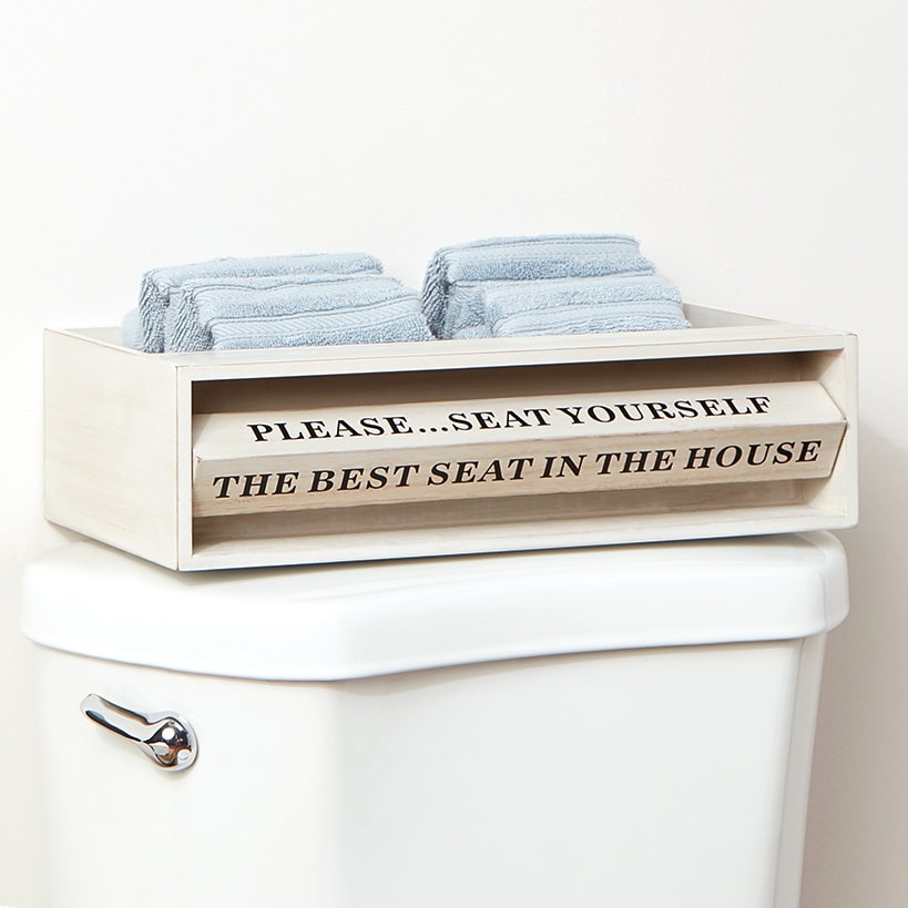 Wooden Bathroom Toilet Topper Storage Tray with Funny Rotating Phrases
