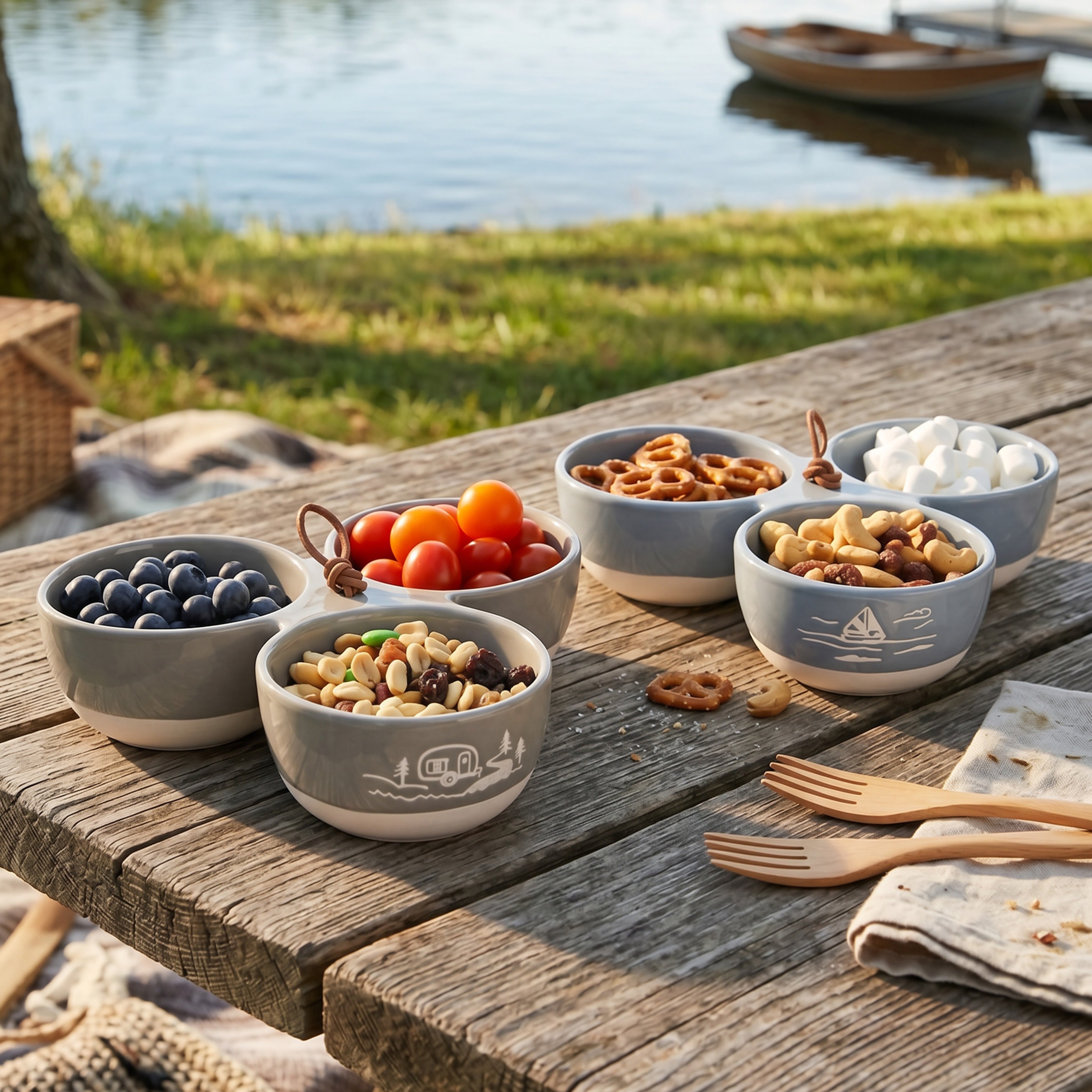 Triple Serving Bowl in Stoneware - Lake or Ocean