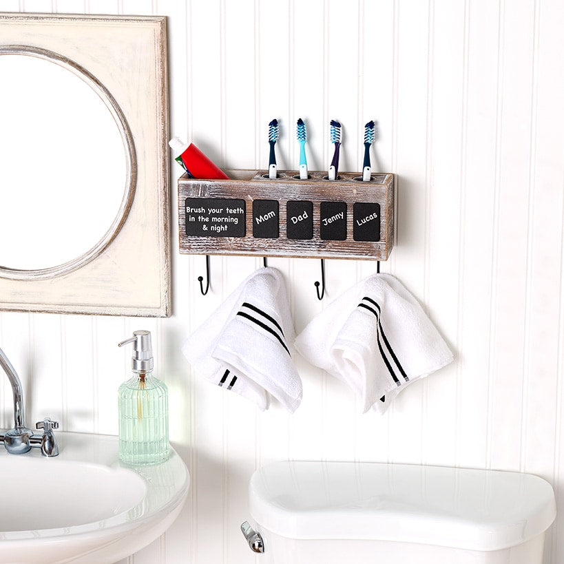 Bathroom Wooden Toothbrush Holder with Chalkboard Labels