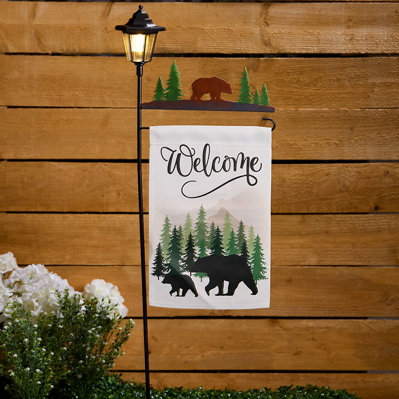 Welcome Flag Lodge Themed With Pole And Lighted Lantern Bear Or Deer