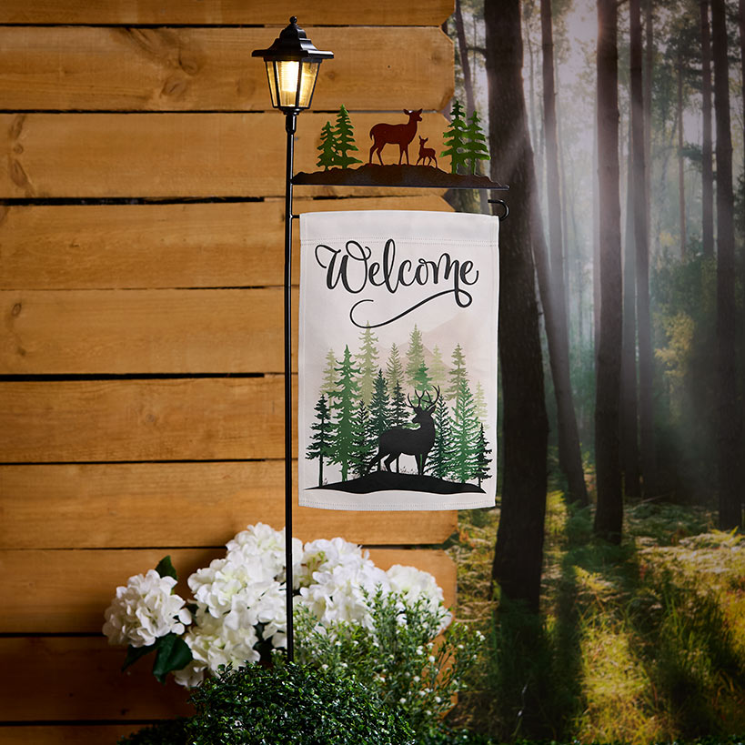 Welcome Flag Lodge Themed With Pole And Lighted Lantern Bear Or Deer