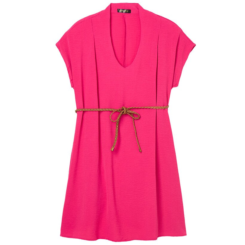 Women's Dolman V-Neck Dress with Braided Belt