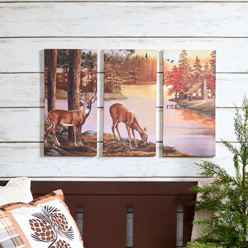 Woodland Animal Canvas Wall Art Trio - Bear or Deer