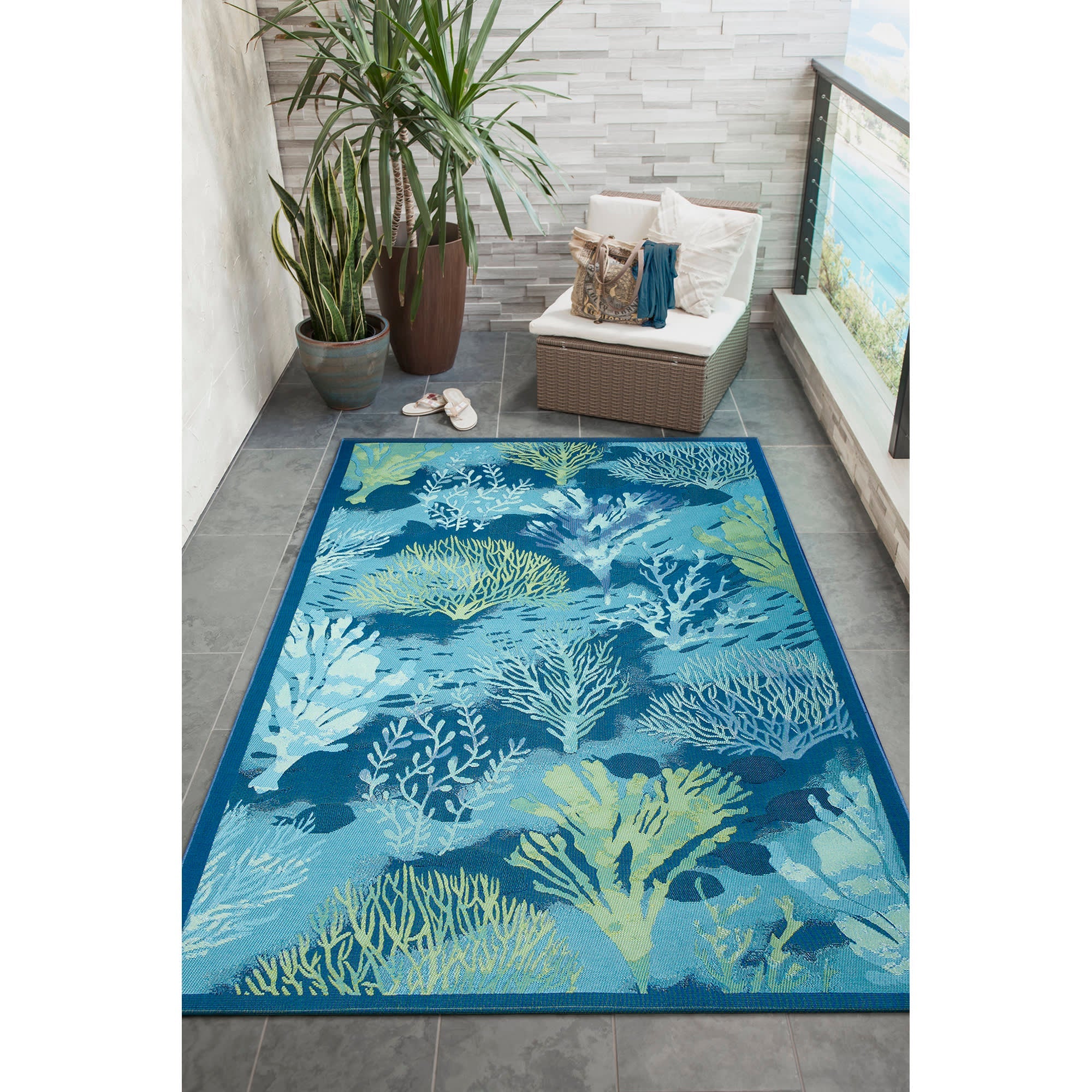 Marina Coral Garden Lapis Indoor Outdoor Area Rug