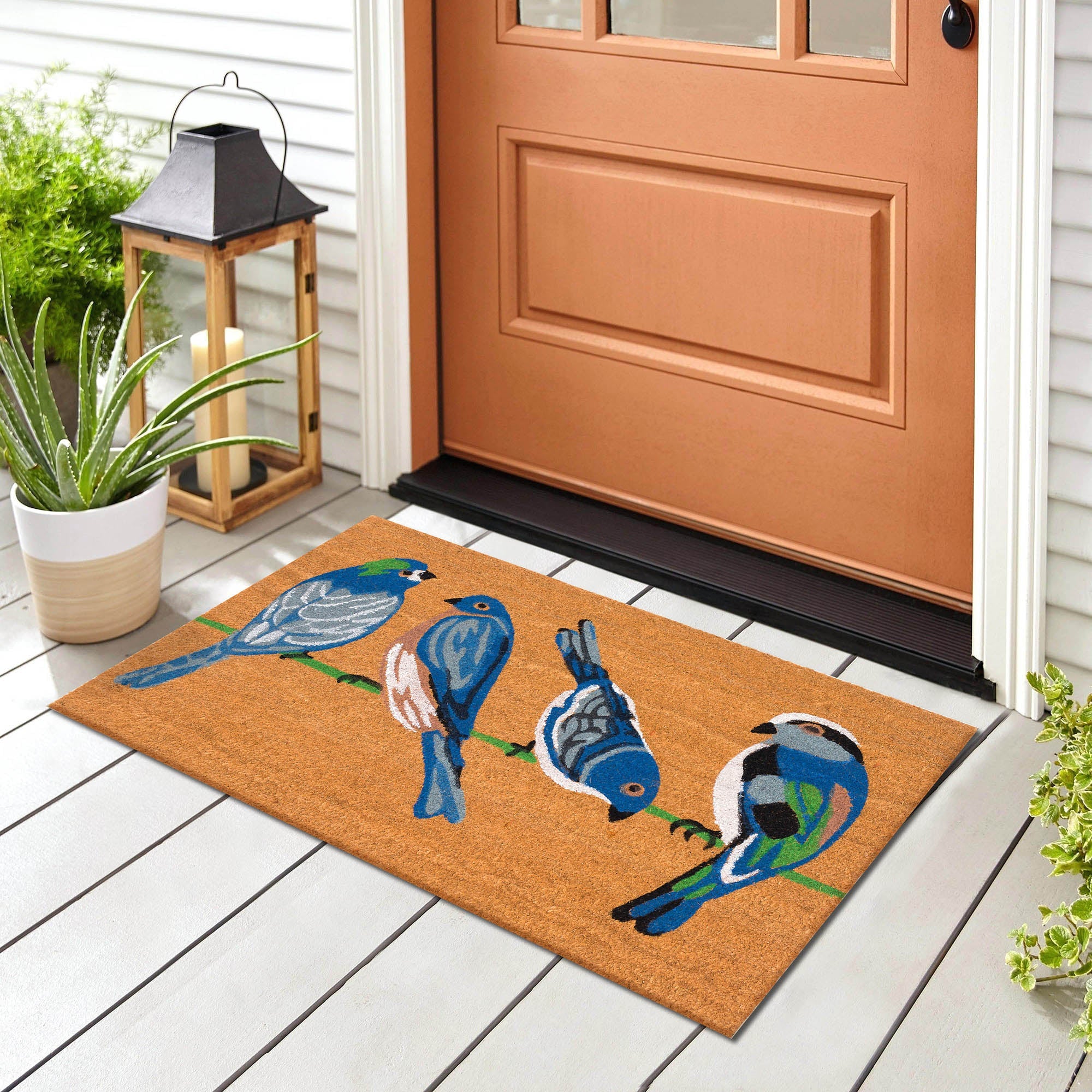 Natura Blue Birds Coir Doormat with Non-Slip Backing