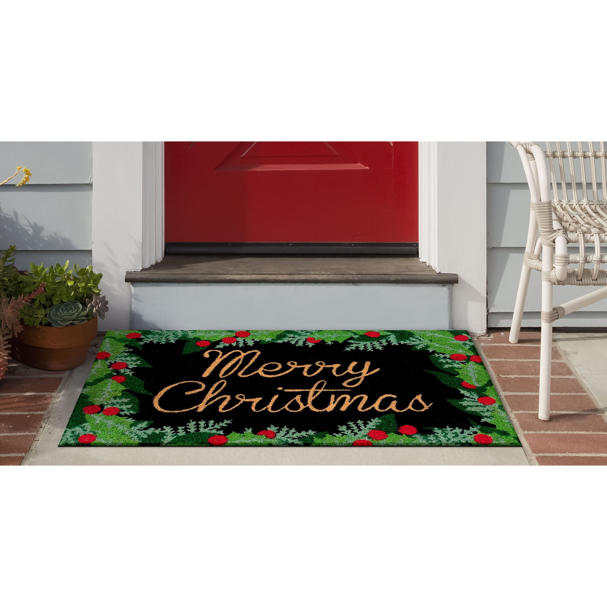 Natura Merry Christmas Holly Coir Doormat with Non-Slip Backing