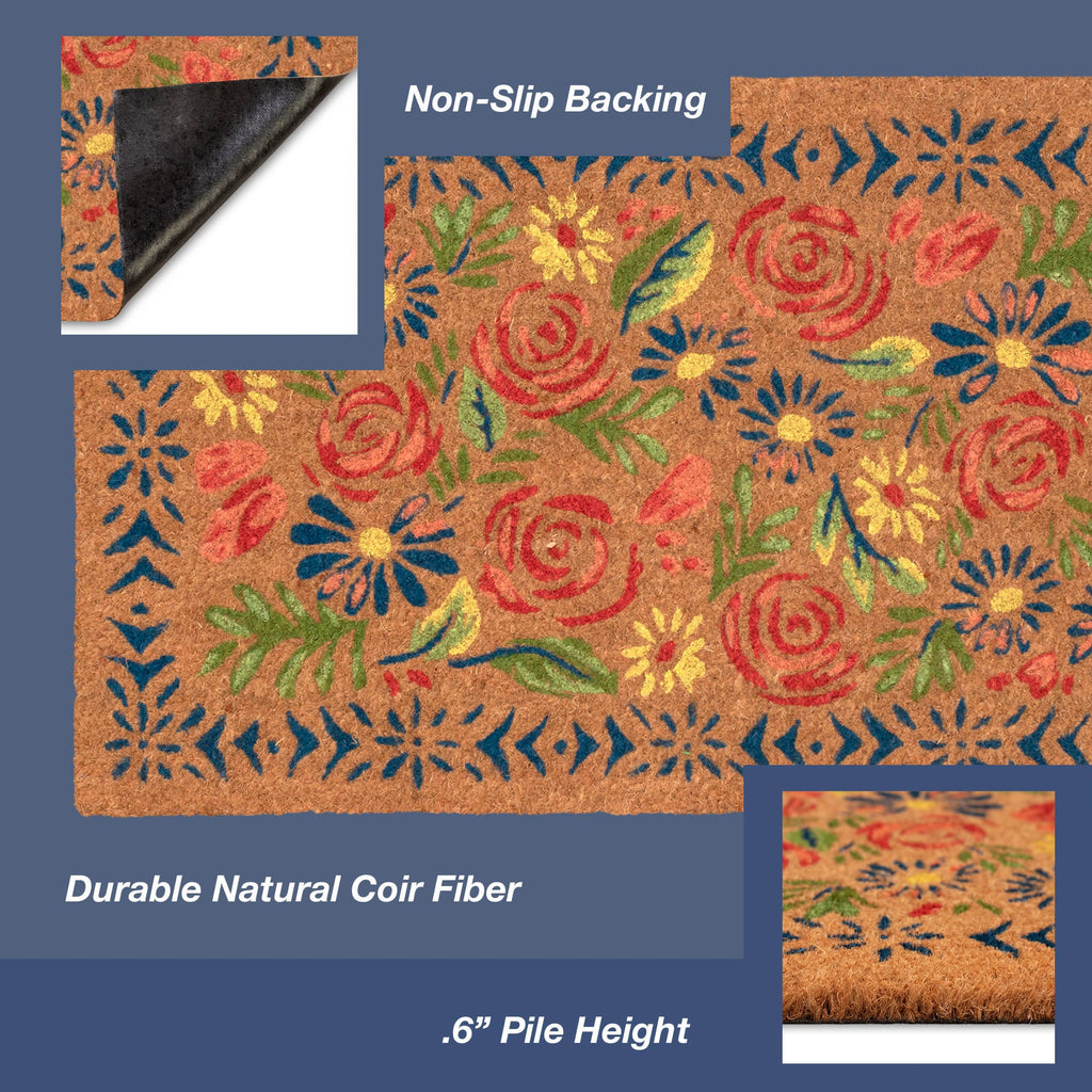 Natura Block Print Flowers Coir Doormat with Non-Slip Backing