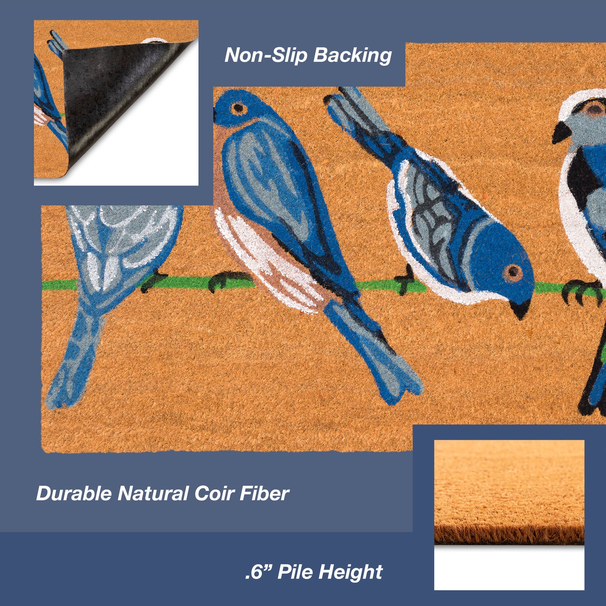 Natura Blue Birds Coir Doormat with Non-Slip Backing